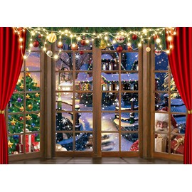 Christmas Winter Backdrop Xmas Tree Santa Claus Retro Window Photography Background Christmas Banner Family Holiday Birthday Party Decoration 8x6FT