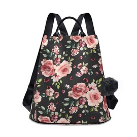ALAZA Rose Flowers Floral Black Backpack Purse for Women Anti Theft Fashion Back Pack Shoulder Bag