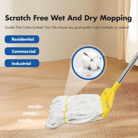KULED Heavy Duty Industrial Mop, Commercial Cotton Mop with 59 Inch Handle, Looped-End String Wet Mops with 2 Heads for Floor Cleaning, Workshop, Warehouse, Home and Garage