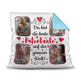 Cushion with Filling to Design Yourself with 4 Photos – For the Best Godmother – High-Quality Cushion Cover with Zip – Light Blue Back, 40 x 40 cm