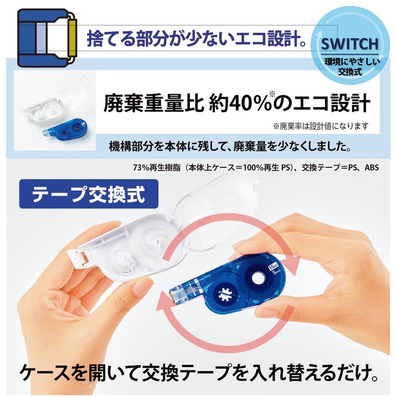Plus Correction Tape, Whiter Switch, 0.2 inch (5 mm), Blue,