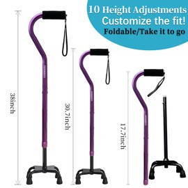 Honmido Quad Walking Cane Foldable Adjustable Portable Stick Men & Women and Seniors - Lightweight & Sturdy with 4-Pronged Base for Extra Stability Balance,Self Standing Gifts for mom Dad (Purple)