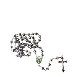Gifts by Lulee, LLC Nuestra Señora de San Juan de Los Lagos Metallic Silver Luster Quartz Faceted Round Beads Rosary with Silver Plated Medal Centerpiece and Crucifix Includes a Prayer Card