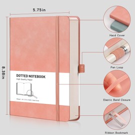 RETTACY A5 Bullet Dot Grid - Dotted Notebook With 320 Numbered Thick Journal Leather Hardcover 100gsm Paper Pen Holder, Inner Pocket, 2 Free Journal Stencils 14.5 x 21cm - Pink