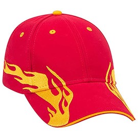 Ashen Fane Flame Design 6 Panel Structured Low Profile Brushed Cotton Twill Baseball Hat, Red/Gld/Gld