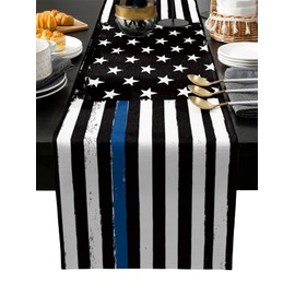 Thin Blue Line Black Table Runner - Cotton Linen 36 Inches Long, American Police USA Flag Dress Scarves, Rustic Table Runner for Dining/Coffee/Holiday Table, Gift for Law Enforcement