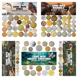 Animal Fantasy Coins Collection - 100 Different Novelty Tokens - European, Asian, American, and African Wildlife - Birds, Mammals, Marine Animals