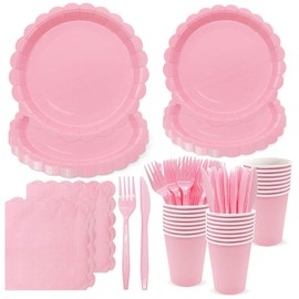 144PCS Light Pink Paper Plates and Napkins Pink Party Supplies Scalloped Dinner Dessert Plates Napkins Cups Forks Knives Disposable Tableware Set Birthday Baby Shower Wedding Party Decoration Serve 24