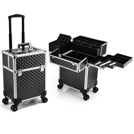 Rolling Makeup Case on Wheels 4 Tray Cosmetic Trolley with Sliding Rail Removable Middle Layer Salon Barber Case Cart Trunkcolor: Pro Black, size: 34x33.5x43cm