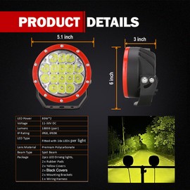 BIGLION.X 5Inch 2Pcs 160W Red Round Offroad Lights 18800LM Super Bright Amber Offroad Driving Lights Yellow Work Lights Waterproof IP68 12V 24V with Wiring Harness for Trucks Pickup ATV UTV SUV