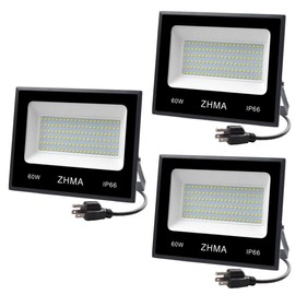 ZHMA 3 Pack 60W Led Flood Light, Outdoor Spotlight, Super Bright Work Light with Plug, IP66 Waterproof (White Light), 5400lm, 6500K, Garage, Backyard, Security Lights Outdoor