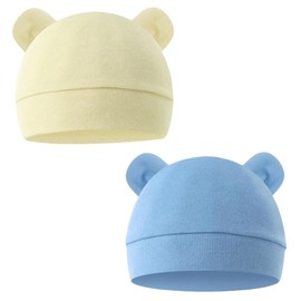 MANJIAMEI Newborn Hat, Baby Hat, Baby Hat, Set of 2, 100% Cotton, Infant Beanie Hat with Bear Ears, Soft, Cute, Boys and Girls, Sun Protection, Baby Shower, For Spring, Summer, Autumn, Winter, 0-6