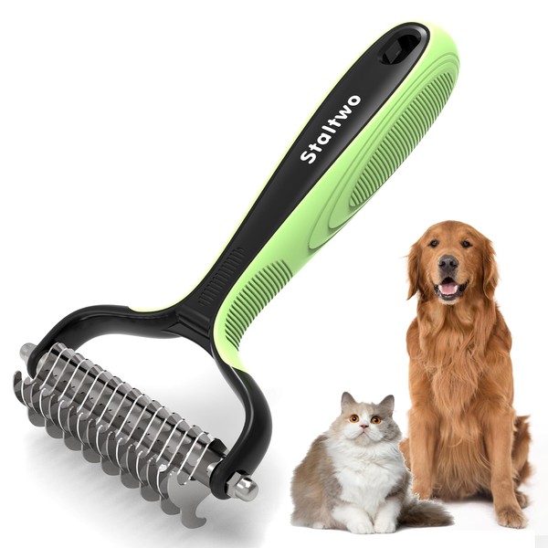 Staltwo Pet Grooming Supplies - 2-in-1 Professional Undercoat Rake and Pet Brush | Shedding Control for Long-Haired Dogs and Cats, Deshedding Tool, Knot Removal,Green