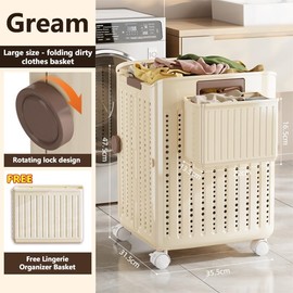 MIKEE 2 - Pack Collapsible Rolling Laundry Hamper Set | Wall - Mountable Plastic Dirty Clothes Basket with Wheels | Includes Free Small Organizer Bin | Large Size18.7” Height for Home/Laundry Room