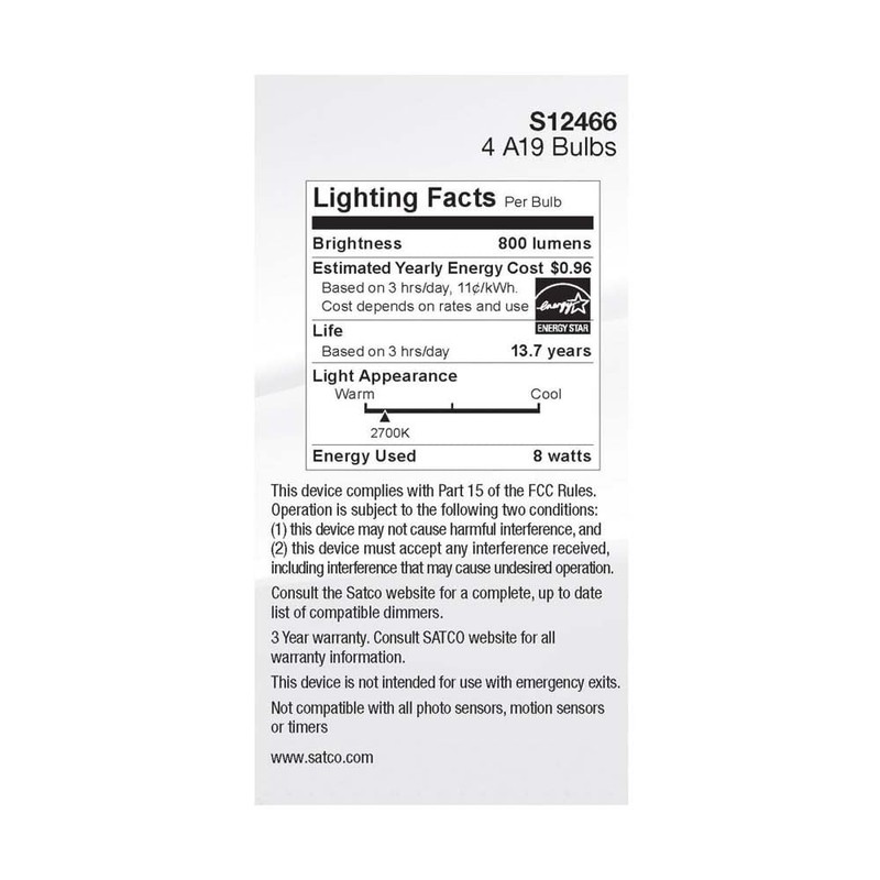 Satco S12466 8 Watt A19 LED Bulb, Soft White, 2700K,