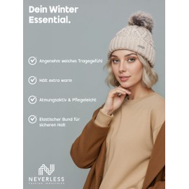 Neverless® Women's Bobble Hat with Fleece Lining Bobble Hat Knitted Beanie Winter Hat, Julie Light Beige, Unit size