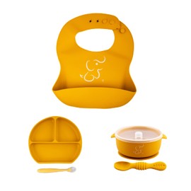 PAPU BABY Set de Alimentacion - 1 Babero, 1 Bowl con Tapa y 1 Plato de Divisiones (Amarillo)