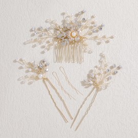 Famihot Hair Accessories, Pearl Comb, U Pins, 5-piece Set, Tree Leaves Flower Motif, Bride, Kanzashi Crystal, Handmade Wedding Headdress Yukata, Kimono, Hair Ornament, Flower, Wedding, Reception