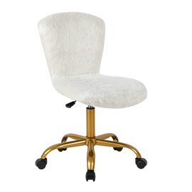 LEEJAY White and Gold Fuzzy Desk Chair for Adults, Armless Swivel Office Task Chair with Golden Legs, Fluffy Faux Fur Furry Chair for Bedroom, Mid-Back Fancy Computer Chair, 17.3"x19.3" Seat