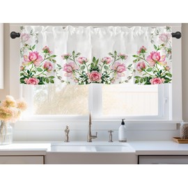 2 Pack Pink Rose Flower Window Valance for Kitchen Dining Room, Romantic Floral Curtains Valanes for Windows, Valentine 3" Rod Pocket Window Treatment for Lover Home Decor, 54 x 18 Inch, 2 Panel