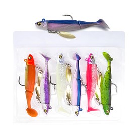 ANNIBBY Lead Head Jigs, 3.5 Inches Plastic Swimbait with Treble Hooks, 6-Piece Fishing Lure Set for Bass Trout Walleye, Trolling Bait for Saltwater and Freshwater (Jig Hook+Spinner Blade)