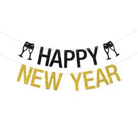 RoadSea Happy New Year Banner - Cheers to 2025 Party Supplies - Merry AF - Happy Holiday Winter Party Decorations - Black & Gold Glitter