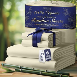 DECOLURE 100% Organic Viscose Derived from Bamboo Sheets Queen Size 4pcs - Ultra Soft & Luxuriously Cooling, 17" Deep Pocket, Double Stitching, Perfect for Hot Sleepers - Queen Bed Sheets (Creme)