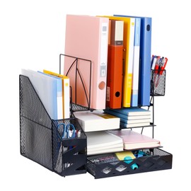 Organizador de escritorio, bandeja de papel de 2 niveles con cajón deslizante y 2 soportes para bolígrafos, organizador de archivos de malla con 4 est