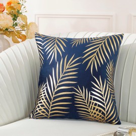 TAOSON Pack of 2,Gold Pillow Covers Velvet Cozy Soft Gold Stamping Leaves Decorative Cozy Soft Throw Pillow Cases Cushion Covers Shells for Sofa Couch Bed Home Decoration 18 x 18 Inches Navy Blue