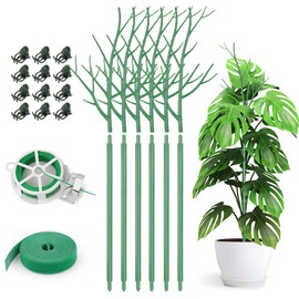 6 Pack Plant Support Stakes for Indoor Plants, 27.56 Inch Twig Plant Sticks with Orchid Clips Twist Ties and Plant Ties for House Potted Plants and Flower, Plastic Branches Support Structures, Green