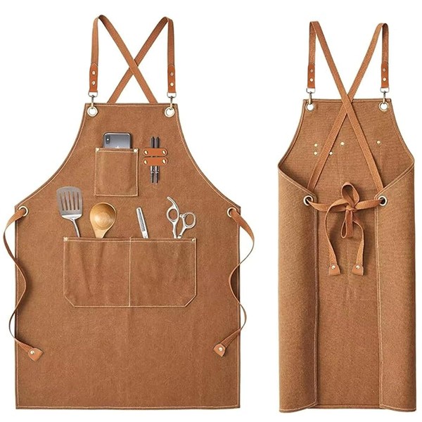 Theuwnee® Cook Aprons with Large Pockets, Canvas Apron with Cross Back for Men and Women, Cooking, Cooking, Hardwear, Professional Quality Adjustable Apron, 22x31in, dark khaki