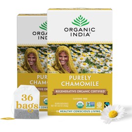 ORGANIC INDIA Té De Manzanilla Pura - Flores De Manzanilla Orgánicas Regenerativas, Sin Cafeína, Calmante Y Relajante, Apoyo Natural Para El Sueño Y La Relajación - 18 Bolsitas De Té, Paquete De 2