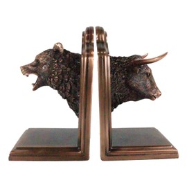Ebros Gift Wall Street Stock Market Charging Bull and Roaring Bear Head Bookends Sculptural Set in Bronze Electroplated Resin Finish Investors Hedge Funds Money Managers Animal Decor Figurine