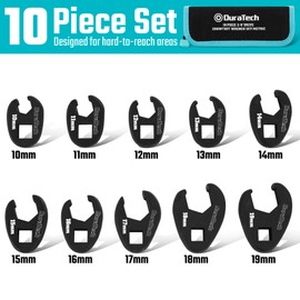 DURATECH 10-Piece 3/8" Drive Crowfoot Wrench Set, Flare Nut Wrench Set, Open End Wrench Set, Metric, Size Covers 10-19mm, CR-V Steel, with Zipper Bag