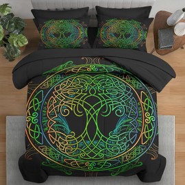 Pamnest Comforter Set Queen Size, Tree of Life Green 7 Pcs Bedding for Kids and Adults, Geometry Viking Modern Bed Sheet Sets with Fitted Sheet 2 Pillowcase & 2 Sham for Bedroom Bed Decor