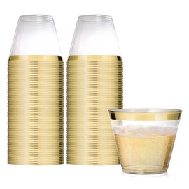 Stock Your Home 9 oz Gold-Rim Disposable Plastic Cups (100 Pack) Elegant Tumblers Glasses for Parties, Weddings, Holidays, Dessert Tumbler, Bulk Drinking Cup for Fruit Punch, Cocktails, Wine