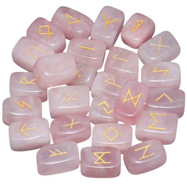 mookaitedecor Rose Quartz Runes Stones Set (25 Pieces), Tumbled Gemstone with Carved Rune Words for Fortune Telling, Crystal Healing Reiki