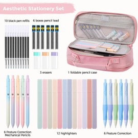 43PCS Aesthetic School Supplies, Stationery Kit with Cute Pen Case, 12 Pastel Highlighters, 5 Black Gel Pens, 6 Mechanical Pencils 0.5 & 0.7 mm for Stationery College Essentials, Pink