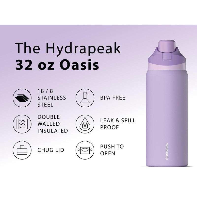 Hydrapeak Oasis 32 oz Water Bottle with Chug Lid, Stainless