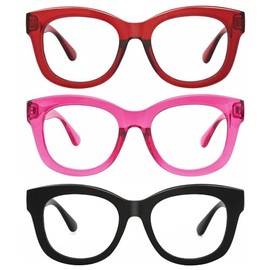 JiSoo 3 Pack Oversized Reading Glasses for Women Men 1.25, Stylish Designer Readers Women 1.25, Red+Fuschsia+Black