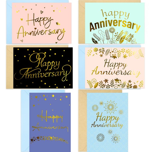 FANCY LAND 12 Anniversary Cards with Envelopes Gold Foil Anniversary Greeting Cards for Business Office Wedding 6 Designs