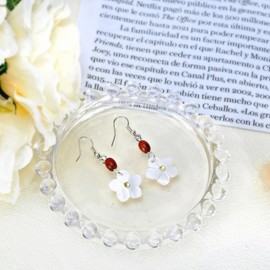 AeraVida Tropical Chic Carved Flower White Mother of Pearl Seashell, Crystal and Wood Earrings | Chic Earrings | White Mother of Pearl Earrings | White Flower Earrings for Women