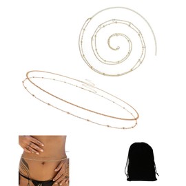 OXDOHUE Pack of 2 Belly Chain Gold Women's 14 Carat Gold-Plated Hip Chain Bikini Crystal Waist Chain Adjustable Sequins Layered Boho Belly Waist Chain Body Jewellery for Women and Girls