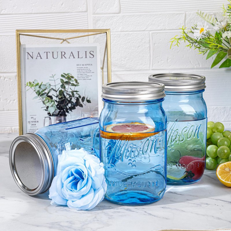 WELLIFE Wide Mouth Mason Jars,6 Pack Blue Mason Jars 32