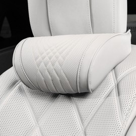 Dapucarin Car Headrest Memory Foam Neck Pillow for Driving with Genuine Nappa Leather Cover Soft Comfortable Seat Head Pillow Cushion for Most Cars SUV Sedan Home Office Off-White (1PC)