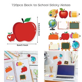 720pcs Back to School Sticky Notes Bulks Teacher School Notepads Pencil Ruler Book Blackboard Apple Shaped Self-Adhesive Writing Memo Pad Office Home Daily Reminders Supplies