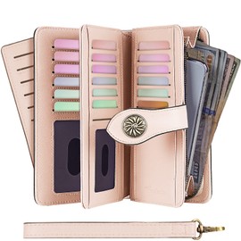 Travelambo Womens Wallet Large Capacity Genuine Leather RFID Blocking Credit Card Holder Wallets with Wristlet(Champagne Pink)