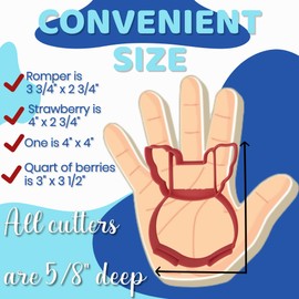 Cortador de galletas de fresas con cesta y número uno, para baby girl shower Sprinkle Bienvenido a casa, fiesta de cumpleaños de un año, bebé con bayas de cuarto de galleta y overol (paquete de 4)