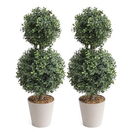 momoplant Artificial Topiary Double Ball Trees 24 Inch Fake Greenery Plants Ball Topiary Tree for Porch,Home,Garden Decor (Set of 2)