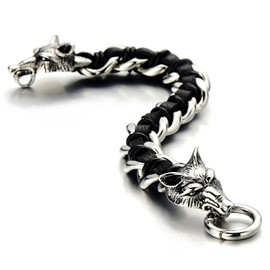 COOLSTEELANDBEYOND Stainless Steel Mens Wolf Head Curb Chain Bracelet Interwoven with Black Genuine Braided Leather(CA)